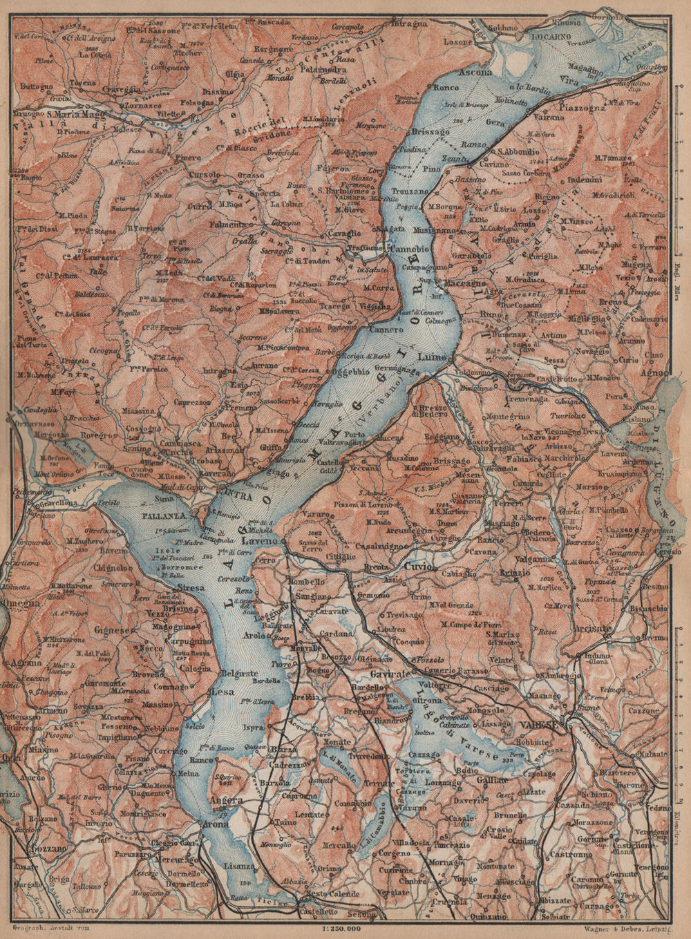 LAGO/LAKE MAGGIORE & LAGO/LAKE D'ORTA Varese Pallanza topo-map. Italy 1895