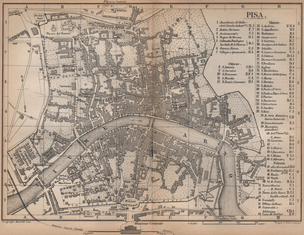 PISA antique town city plan piano urbanistico. Italy mappa. BAEDEKER 1895