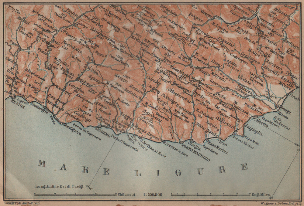 RIVIERA DI PONENTE. Menton-Ventimiglia-Sanremo-Imperia-Albenga. Italy 1899 map