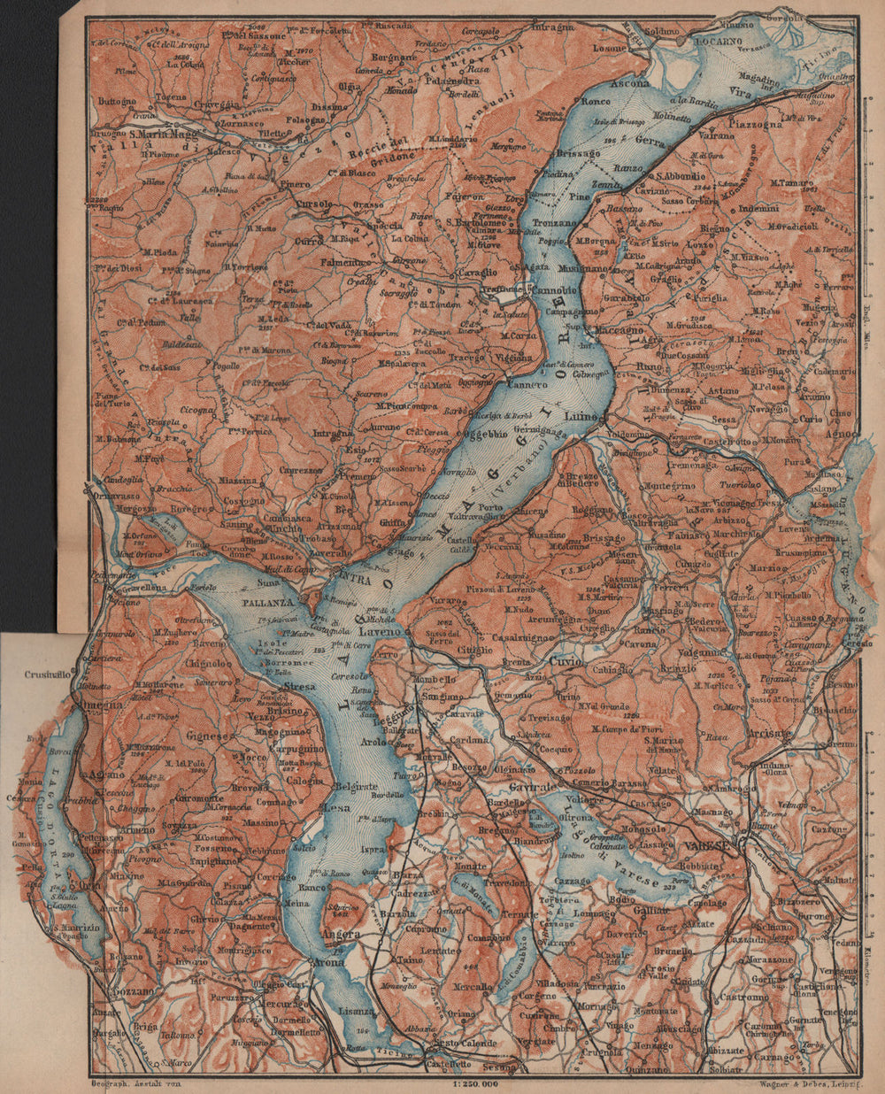 LAGO/LAKE MAGGIORE & LAGO/LAKE D'ORTA Varese Pallanza topo-map. Italy 1899