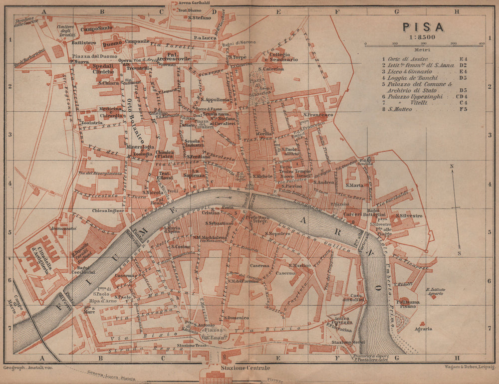 PISA antique town city plan piano urbanistico. Italy mappa. BAEDEKER 1899