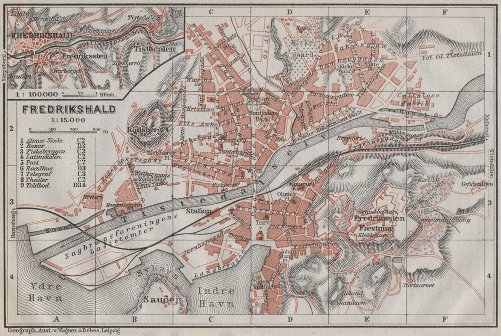 HALDEN Fredrikshald antique town city byplan. Norway kart. BAEDEKER 1909 map