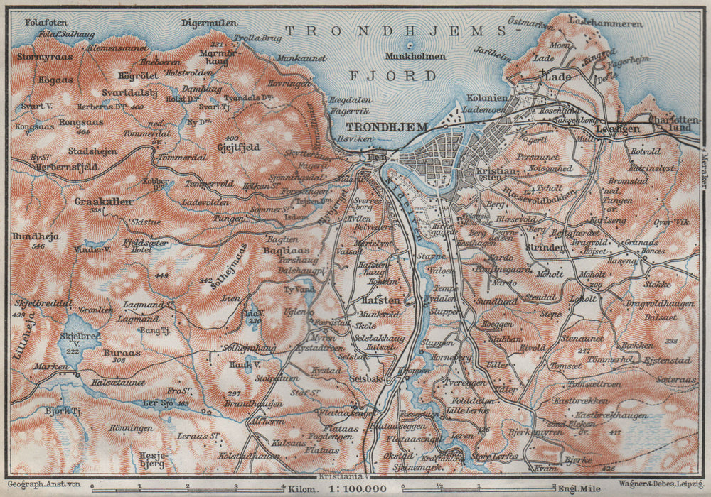 TRONDHEIM Trondhejm environs. Norway kart. BAEDEKER 1909 old antique map chart