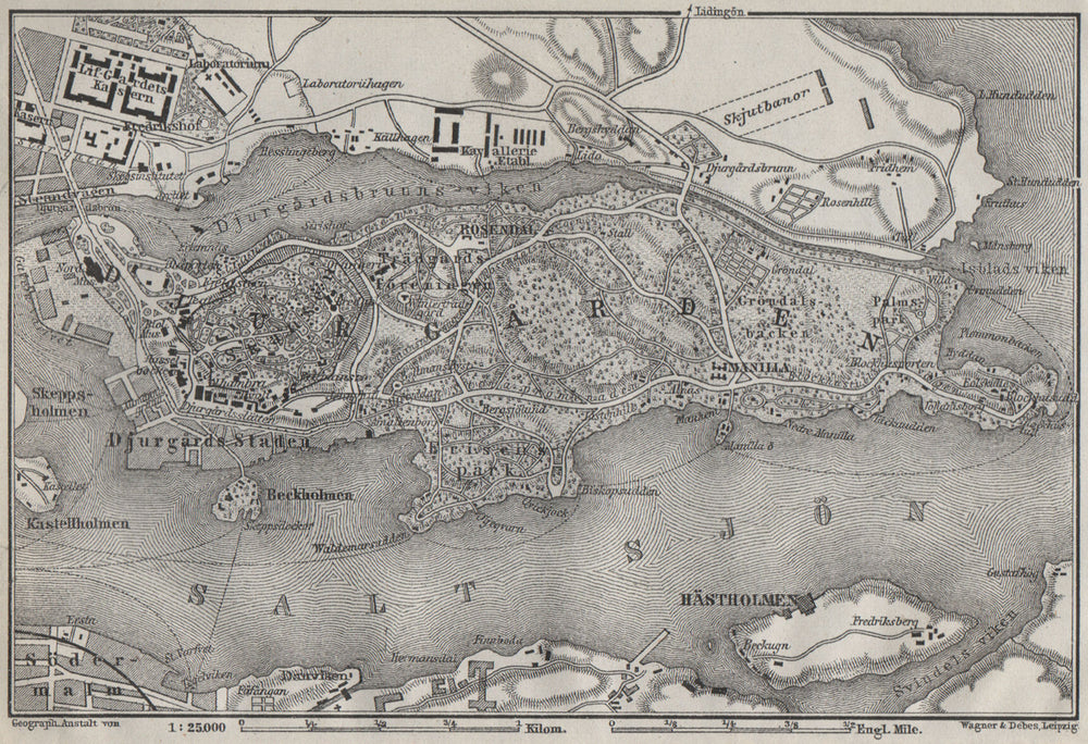 DJURGARDEN Djurgården. Stockholm. Sweden karta. BAEDEKER 1909 old antique map