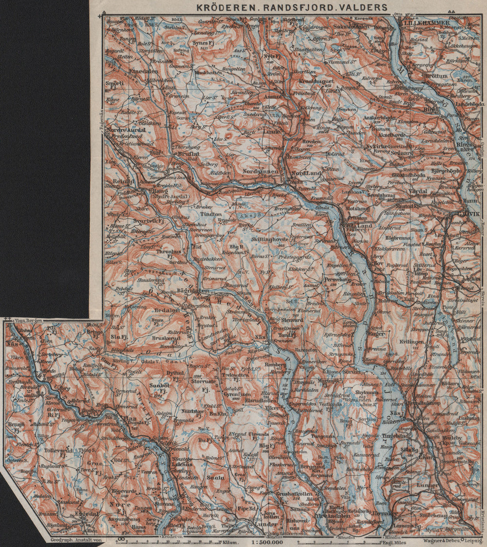 Kroderen, Randsfjord & Valdres. Dokka Gjovik Jaren. Topo-map. Norway 1912