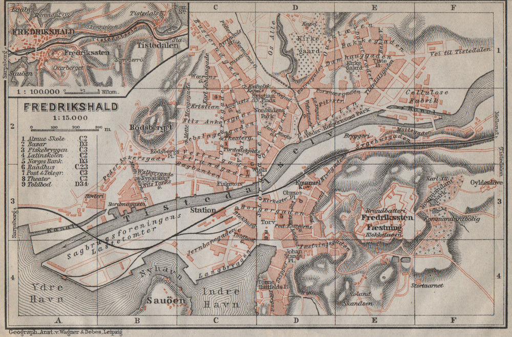 HALDEN Fredrikshald antique town city byplan. Norway kart. BAEDEKER 1912 map