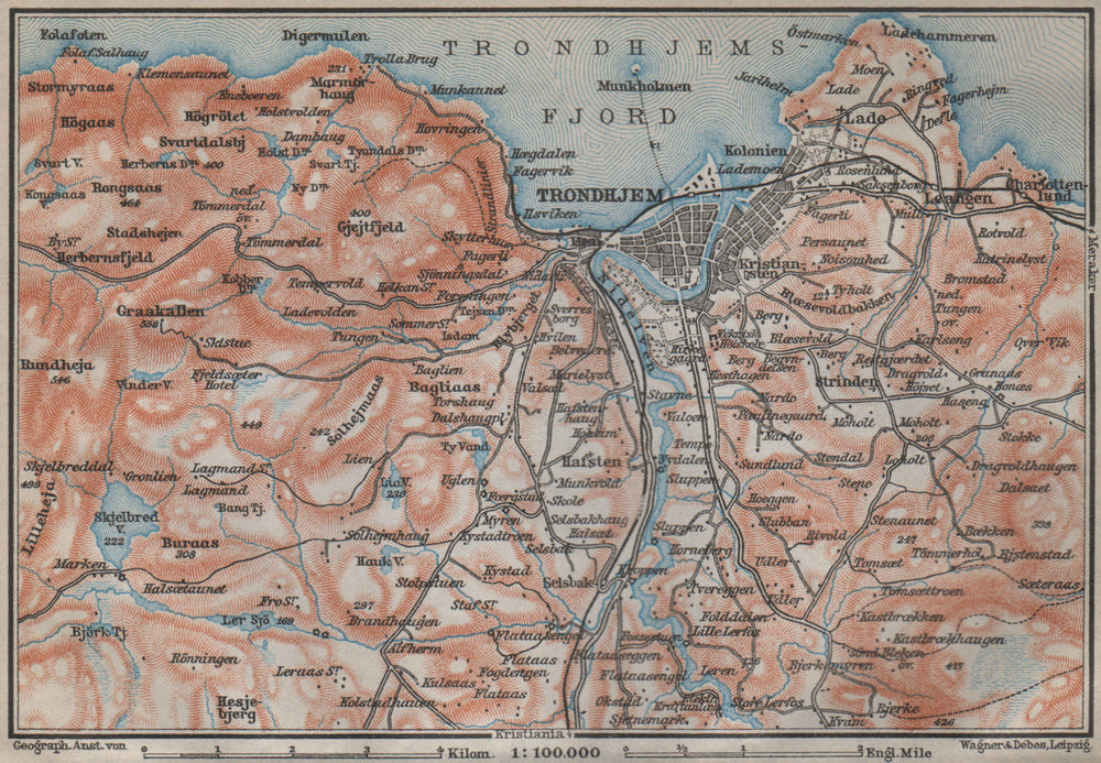 TRONDHEIM Trondhejm environs. Norway kart. BAEDEKER 1912 old antique map chart