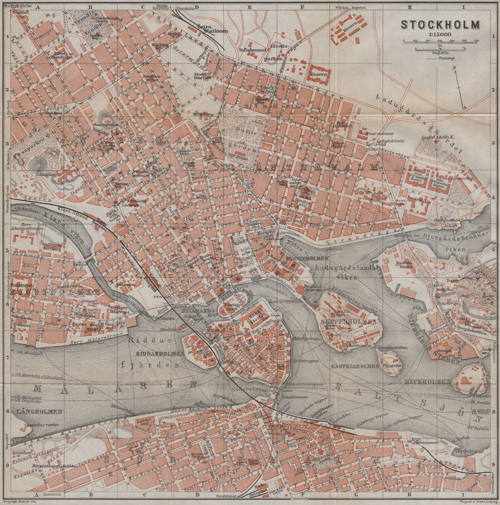 STOCKHOLM antique town city stadsplan. Sweden karta. BAEDEKER 1912 old map