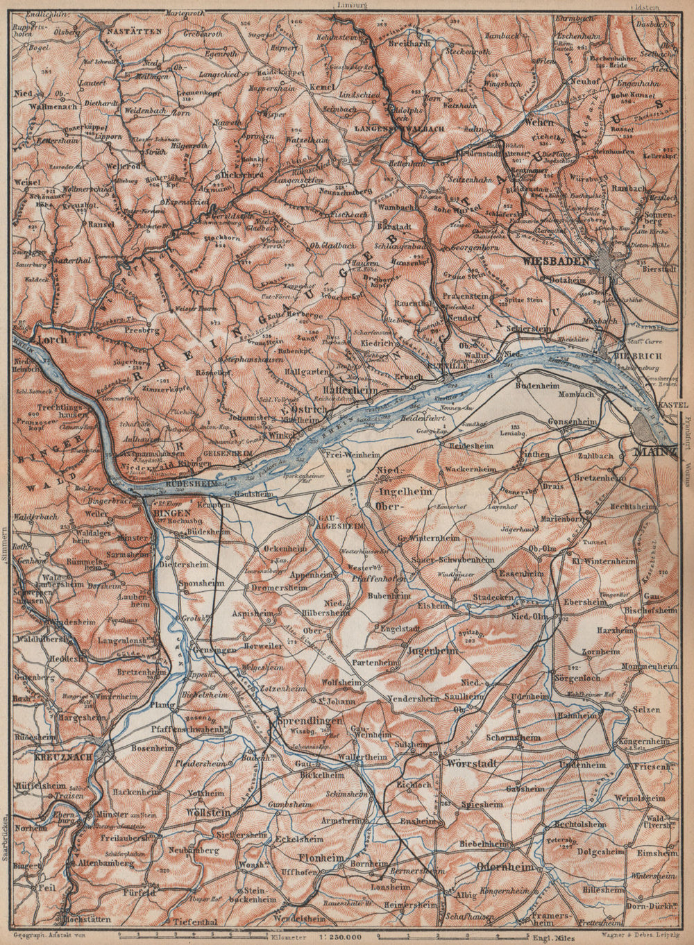 THE RHEINGAU topo-map. Wiesbaden Lorch Rüdesheim Mainz. Germany karte 1896