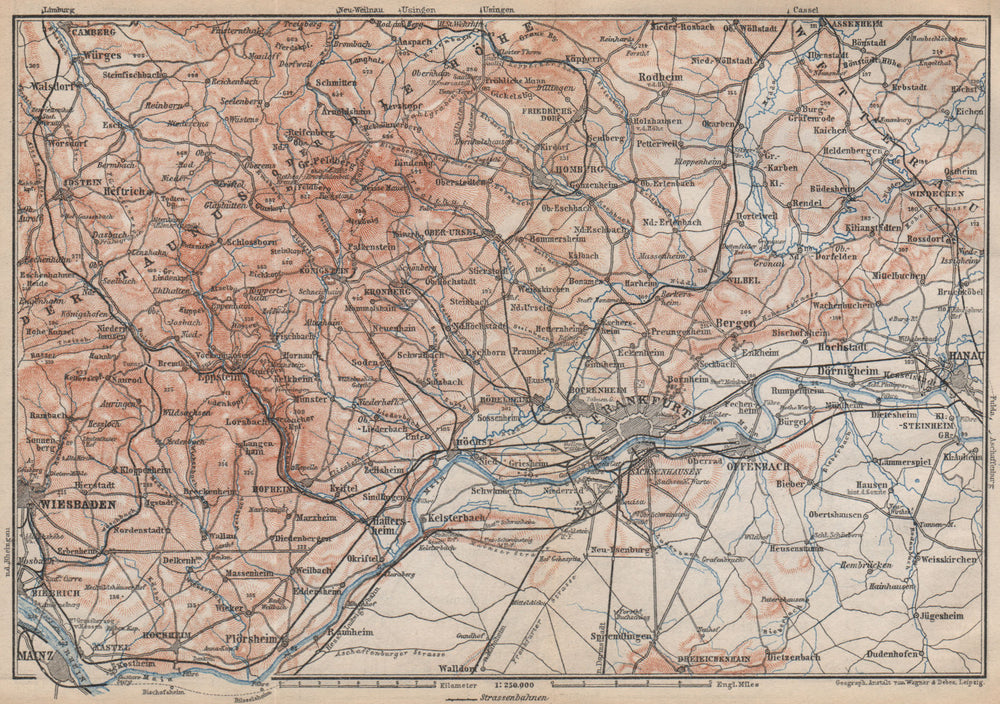 TAUNUS Mountains. Wiesbaden Frankfurt am Main Hanau. Deutschland karte 1896 map