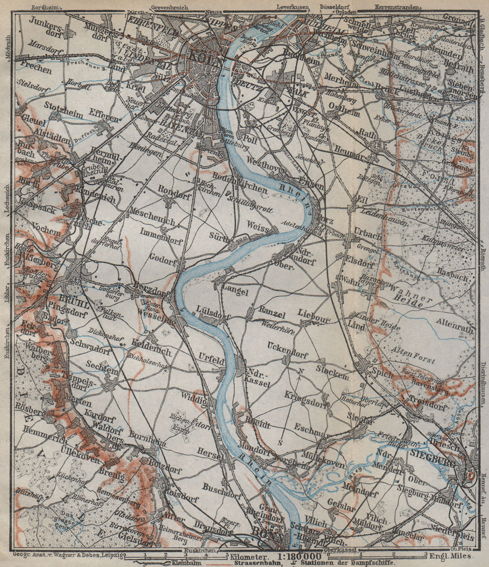 THE RHINE/RHEIN from/von COLOGNE KÖLN to/nach BONN. Deutschland karte 1926 map