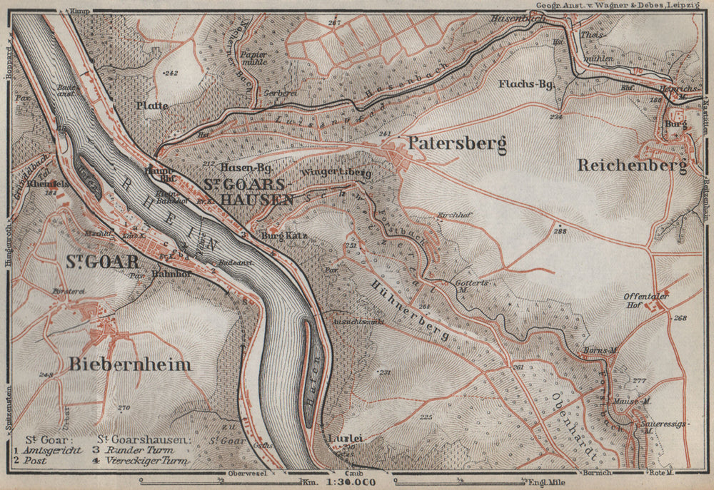 SANKT GOAR & ST GOARSHAUSEN. Oberes Mittelrheintal. Rhine Gorge karte 1926 map