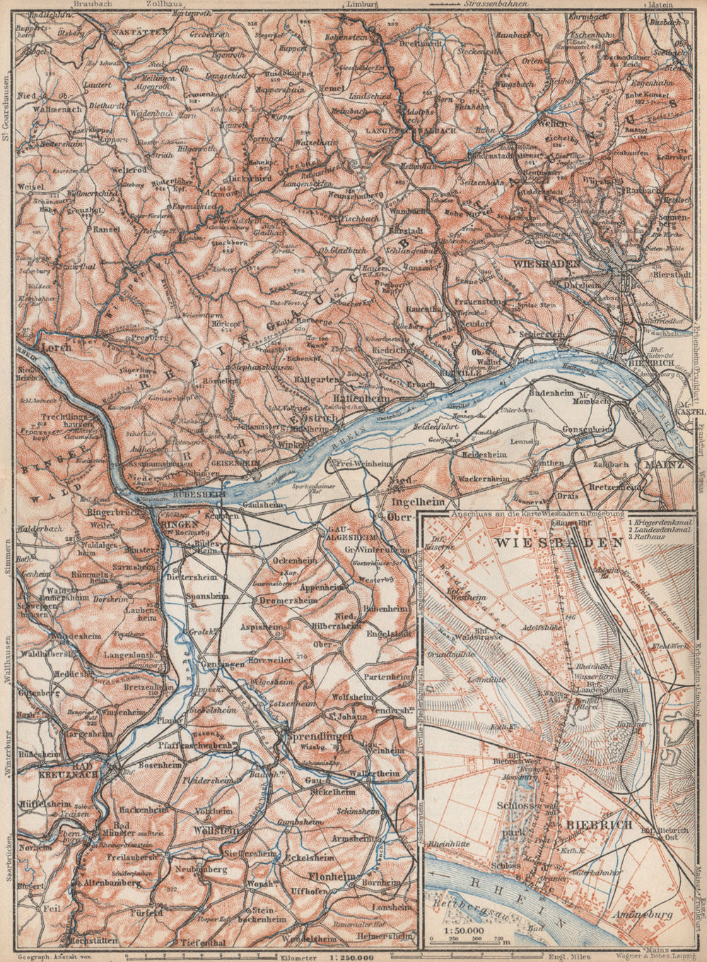 THE RHEINGAU topo-map. Wiesbaden Lorch Rüdesheim Mainz. Germany karte 1926