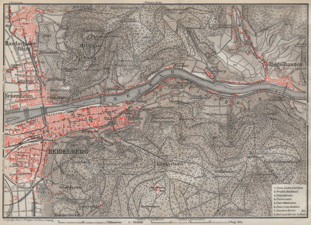 HEIDELBERG & environs ungebung. Ziegelhausen. Baden-Württemberg karte 1926 map