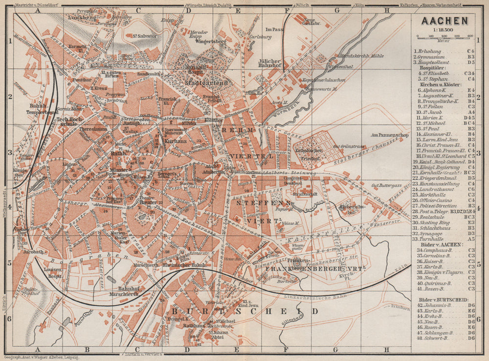 AACHEN town city stadtplan. Northrhine-Westfalia. Aix-la-Chapelle 1889 old map