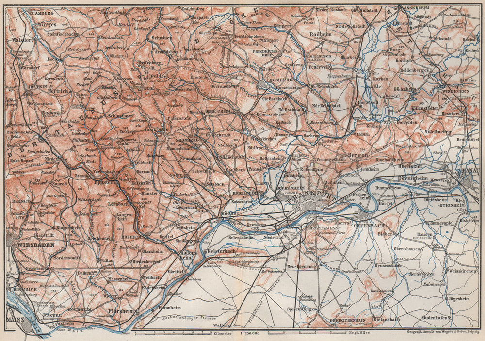 TAUNUS Mountains. Wiesbaden Frankfurt am Main Hanau. Deutschland karte 1889 map