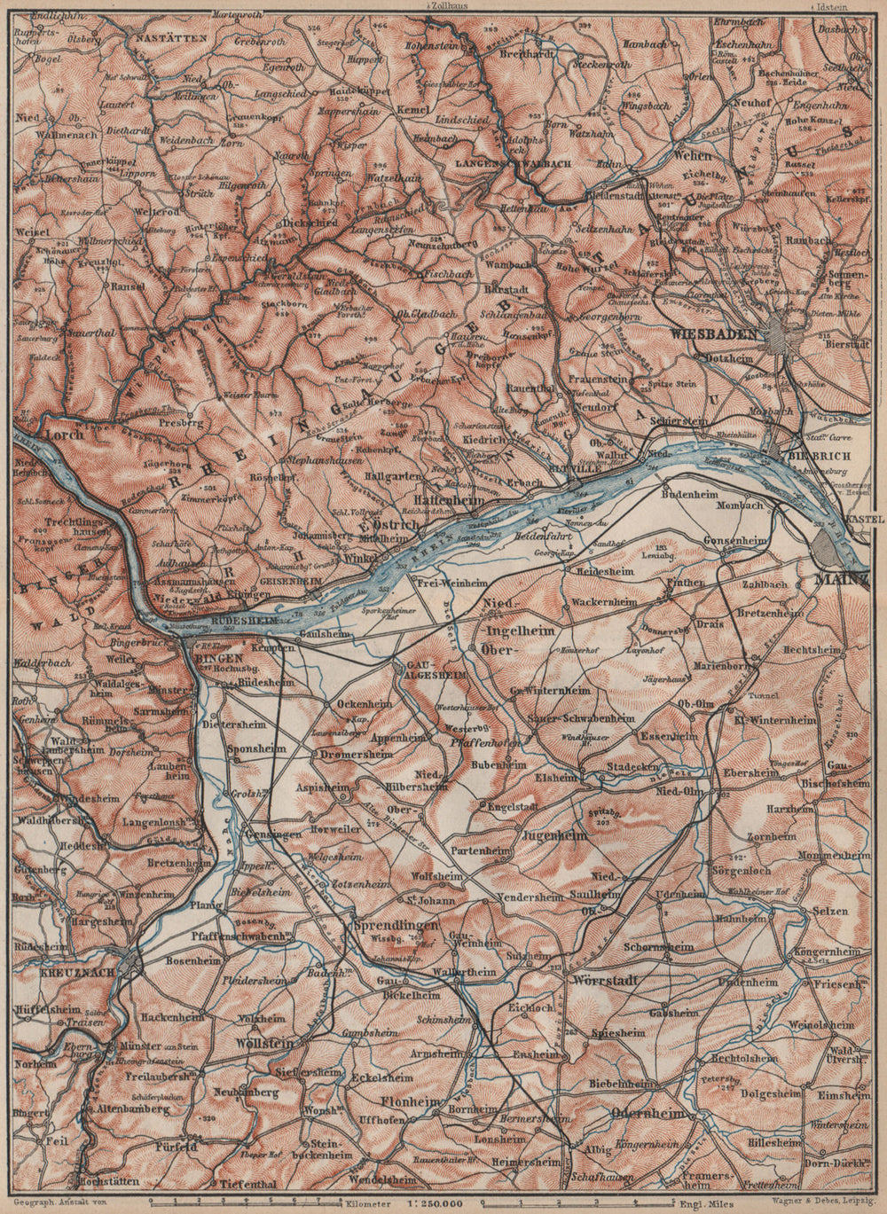 THE RHEINGAU topo-map. Wiesbaden Lorch Rüdesheim Mainz. Germany karte 1892