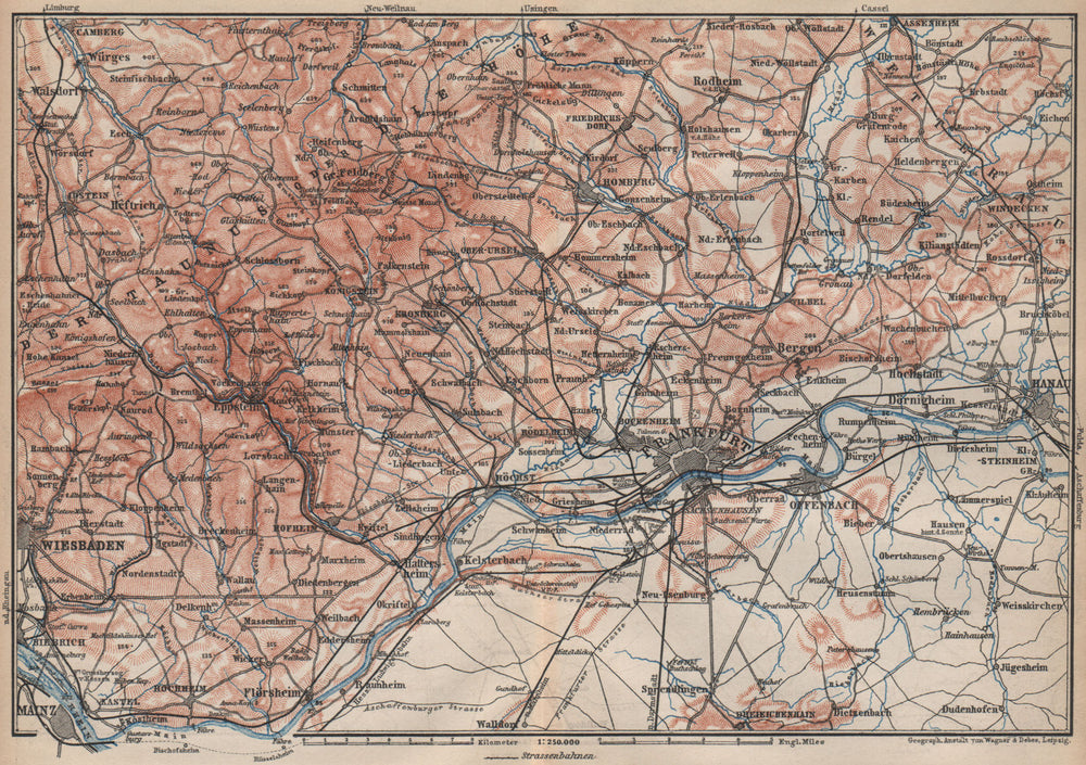 TAUNUS Mountains. Wiesbaden Frankfurt am Main Hanau. Deutschland karte 1892 map