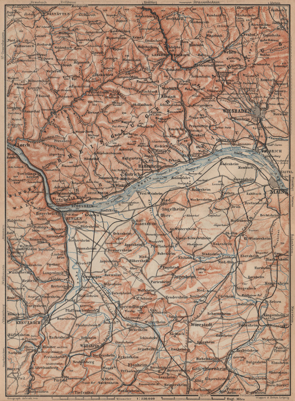 THE RHEINGAU topo-map. Wiesbaden Lorch Rüdesheim Mainz. Germany karte 1903