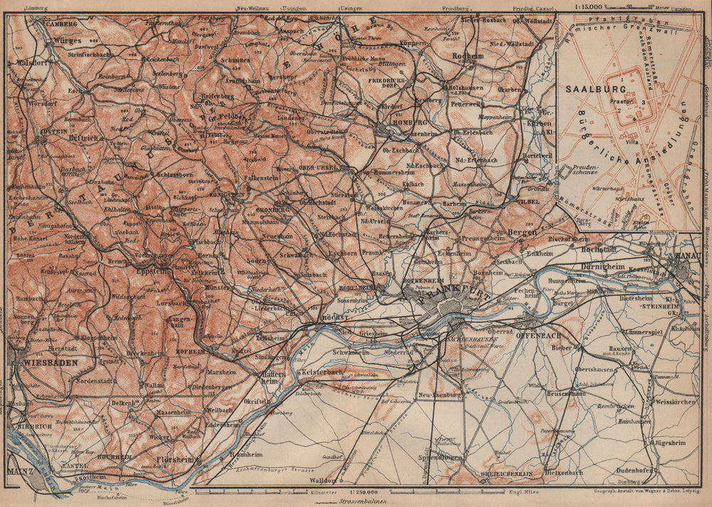 TAUNUS Mountains. Wiesbaden Frankfurt am Main Hanau. Deutschland karte 1903 map