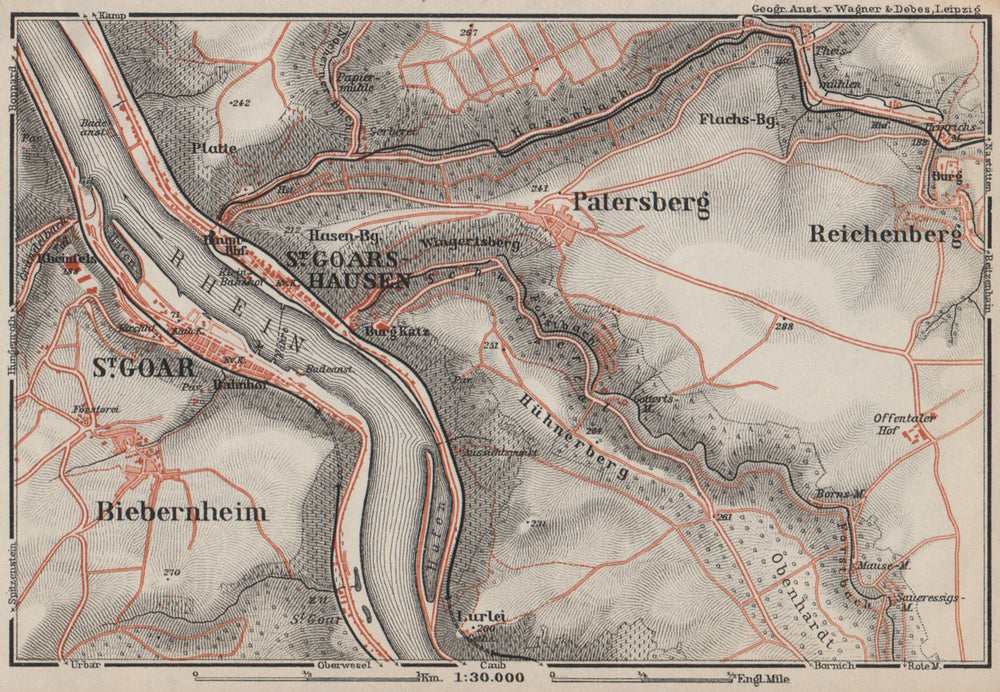 SANKT GOAR & ST GOARSHAUSEN. Oberes Mittelrheintal. Rhine Gorge karte 1906 map