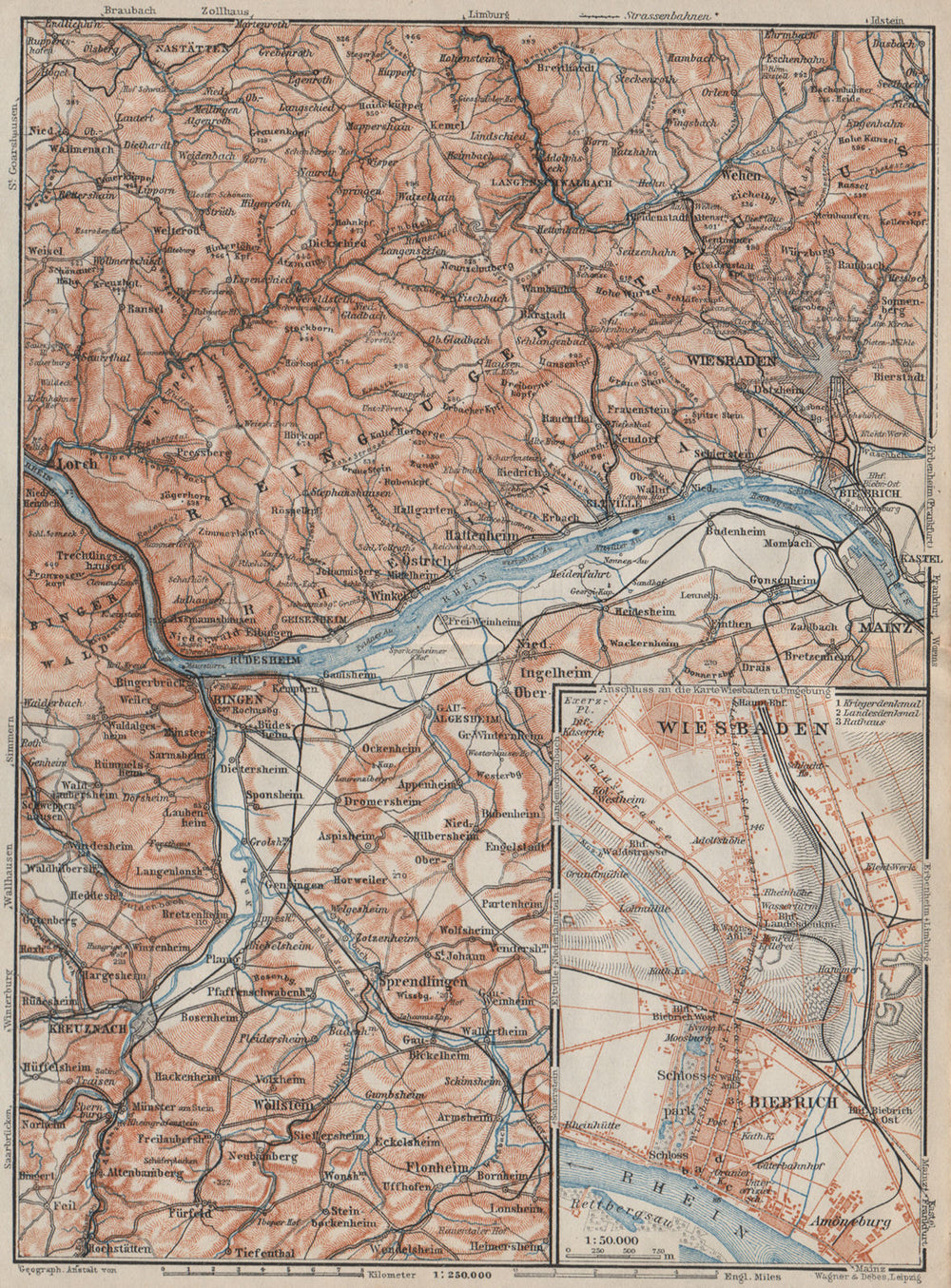 THE RHEINGAU topo-map. Wiesbaden Lorch Rüdesheim Mainz. Germany karte 1906