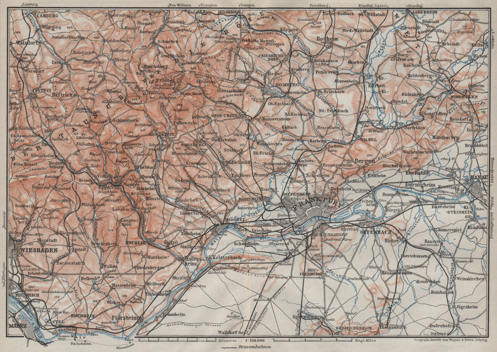 TAUNUS Mountains. Wiesbaden Frankfurt am Main Hanau. Deutschland karte 1906 map