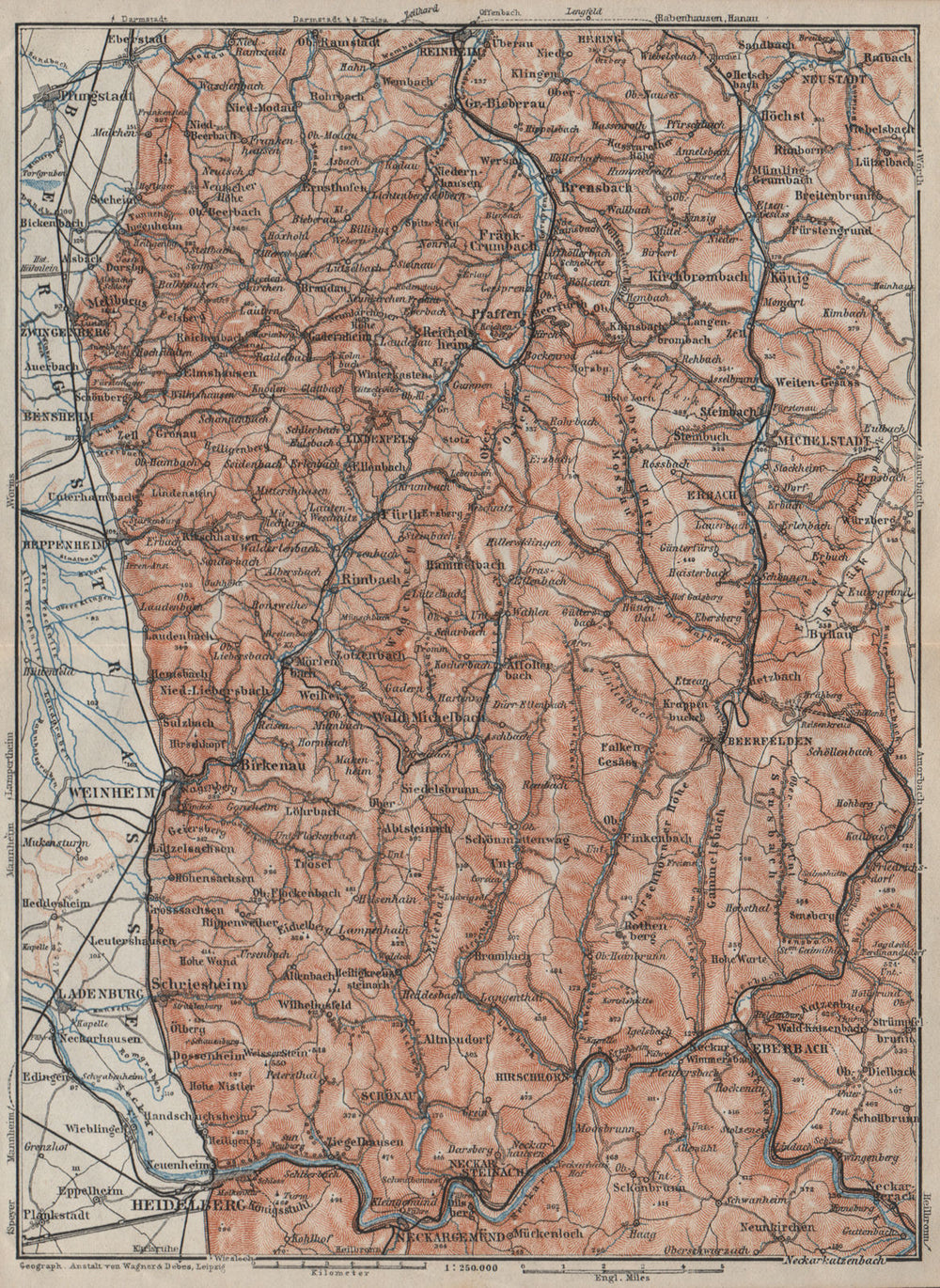 WEST ODENWALD topo-map. Heidelberg Weinheim Eberbach Zwingenberg karte 1906