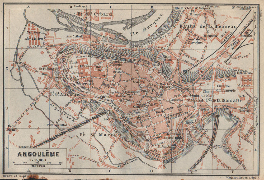 ANGOULÊME antique town city plan de la ville. Charente carte. BAEDEKER 1914 map
