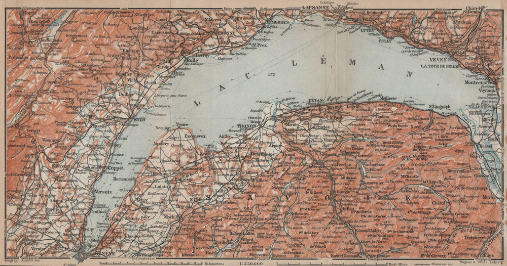 LAKE GENEVA/LAC LÉMAN. Nyon Thonon Evian Vevey Lausanne Montreux 1914 old map