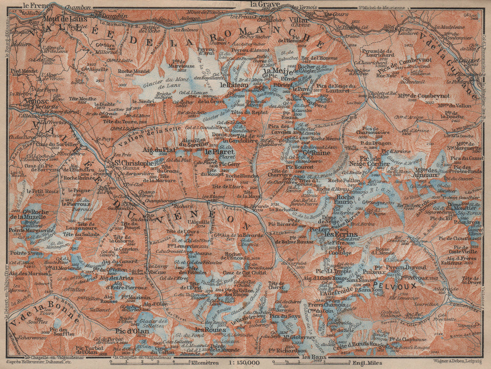 MASSIF DES ÉCRINS Alpe d'Huez Les Deux Alpes. Hautes-Alpes. Isère 1914 old map