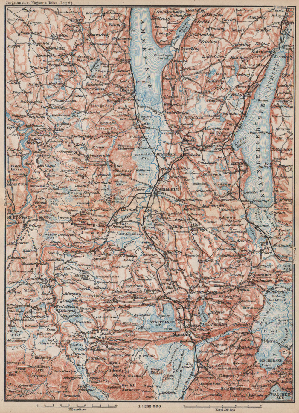 STARNBERGERSEE & AMMERSEE. Weilheim Schongau Murnau Starnberg karte 1895 map