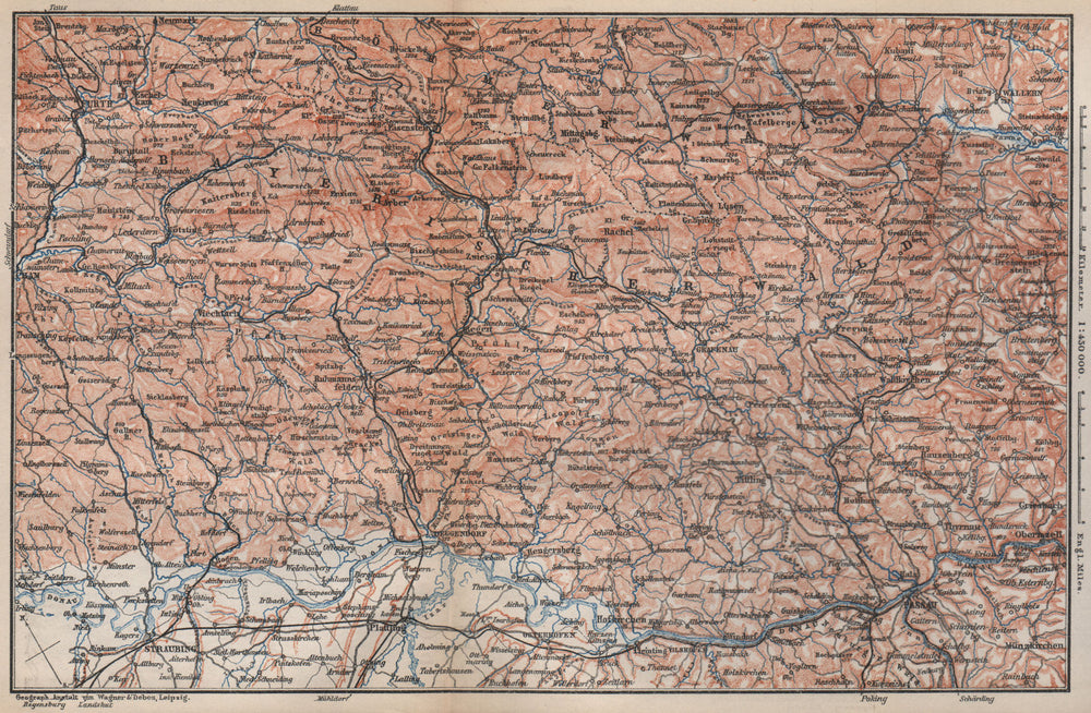 BAYRISCHERWALD. Bavarian Forest Cham Passau Böhmerwald karte. BAEDEKER 1895 map