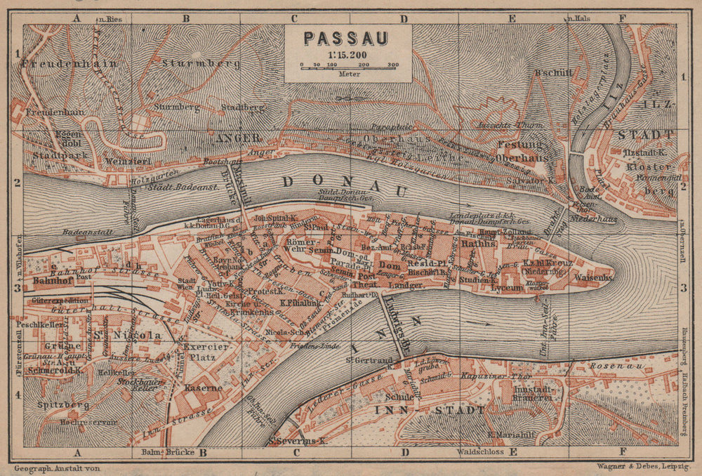 PASSAU town city plan stadtplan. Inn Donau/Danube. Germany Deutschland 1907 map