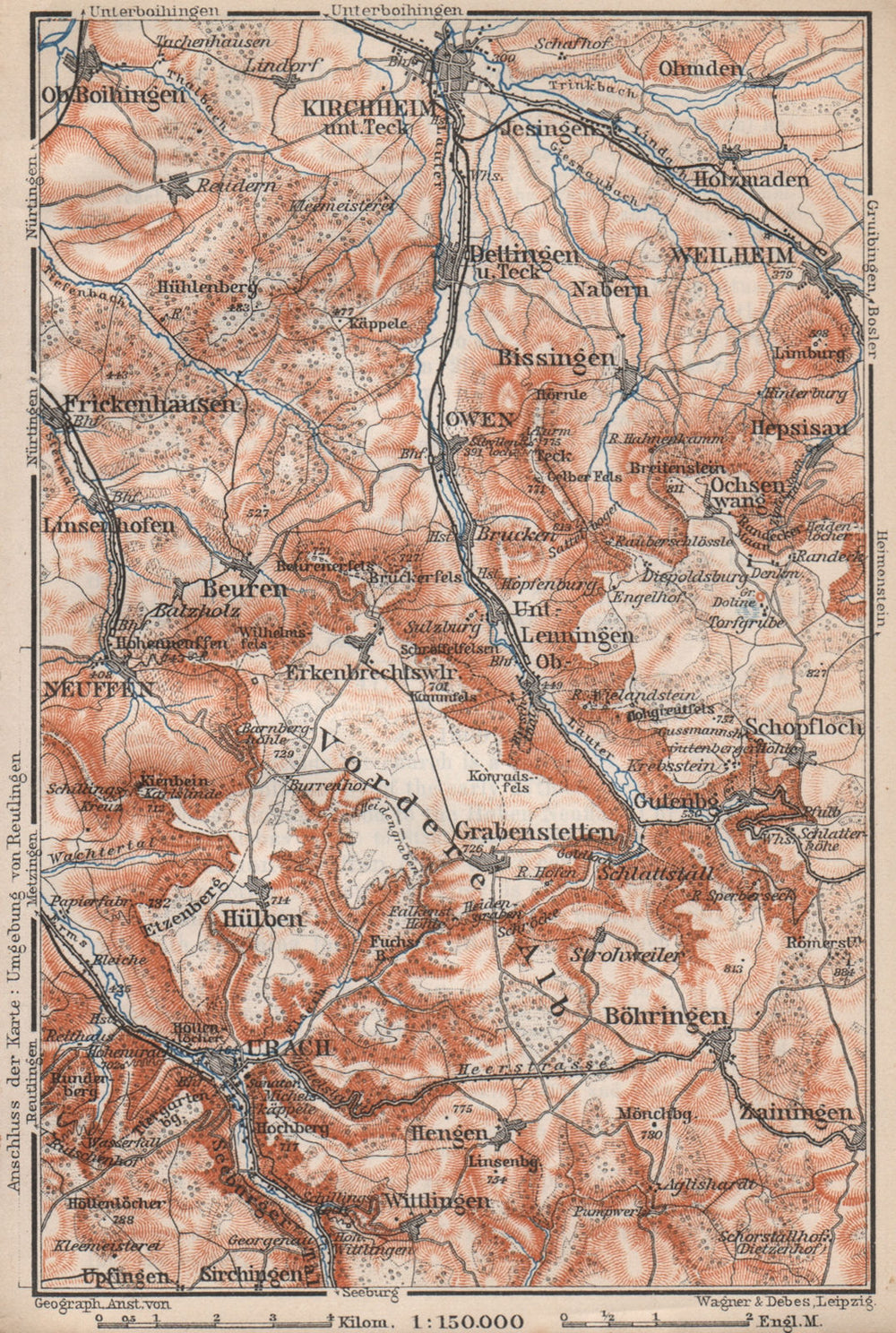 KIRCHHEIM UNTER TECK & umgebung. Lauter valley Bad Urach Weilheim Burg 1910 map