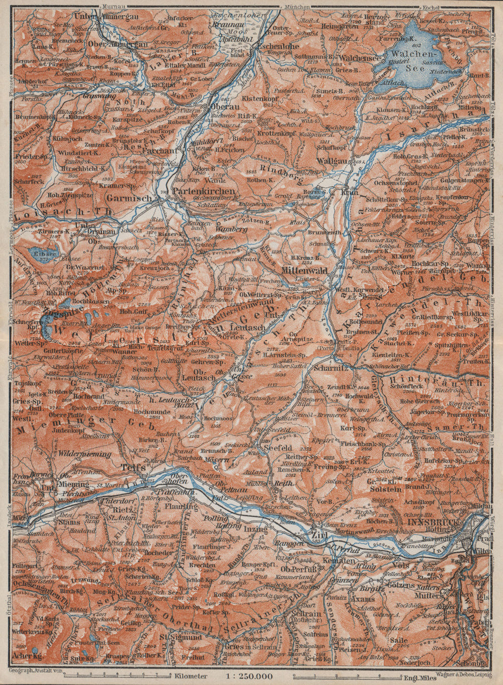 Garmisch-Partenkirchen Mittenwald Innsbruck Inntal Wetterstern Isartal  1910 map