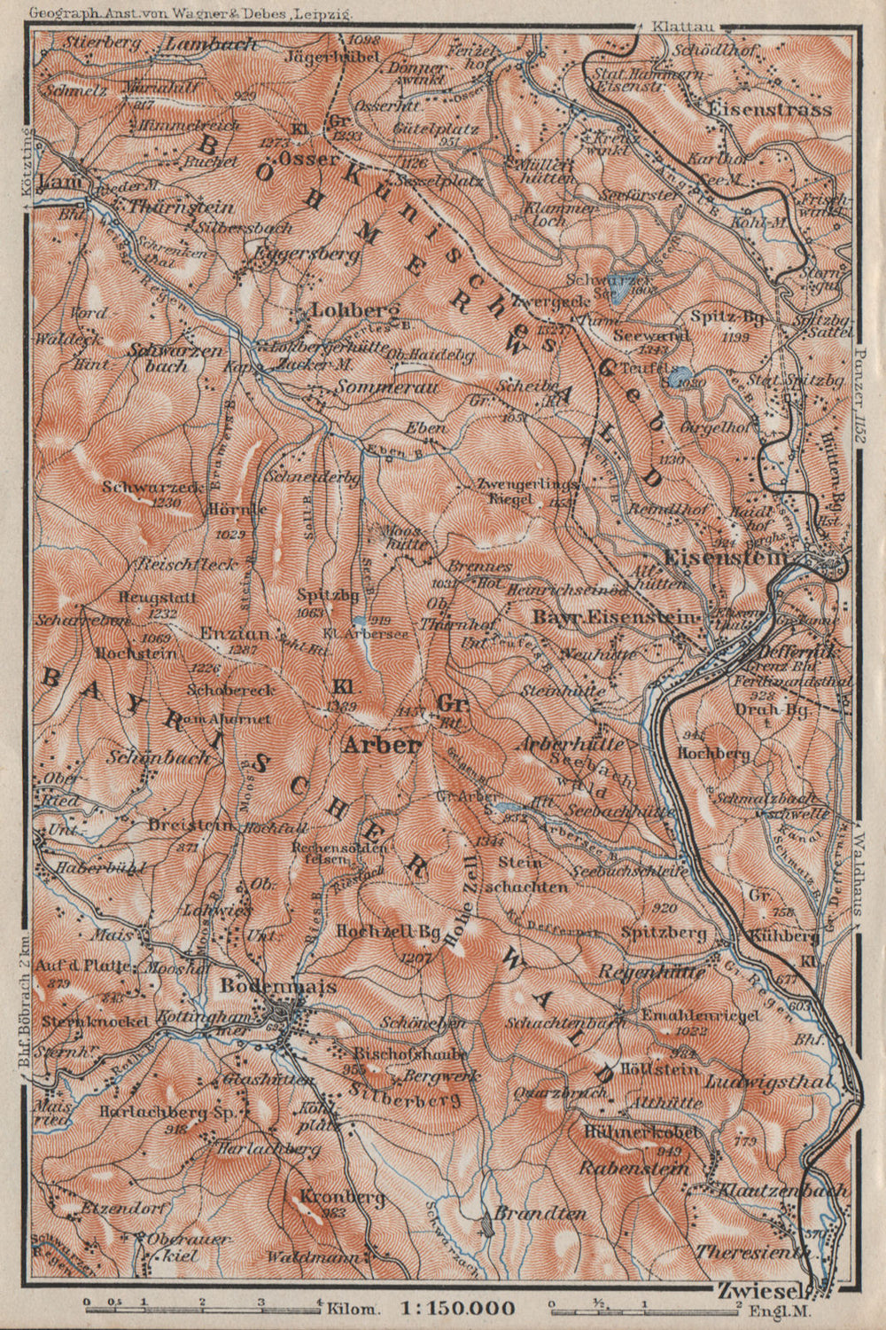 BAVARIAN/BOHEMIAN FOREST Bayrischer/Böhmerwald. Bodenmais Zelezna Ruda 1910 map