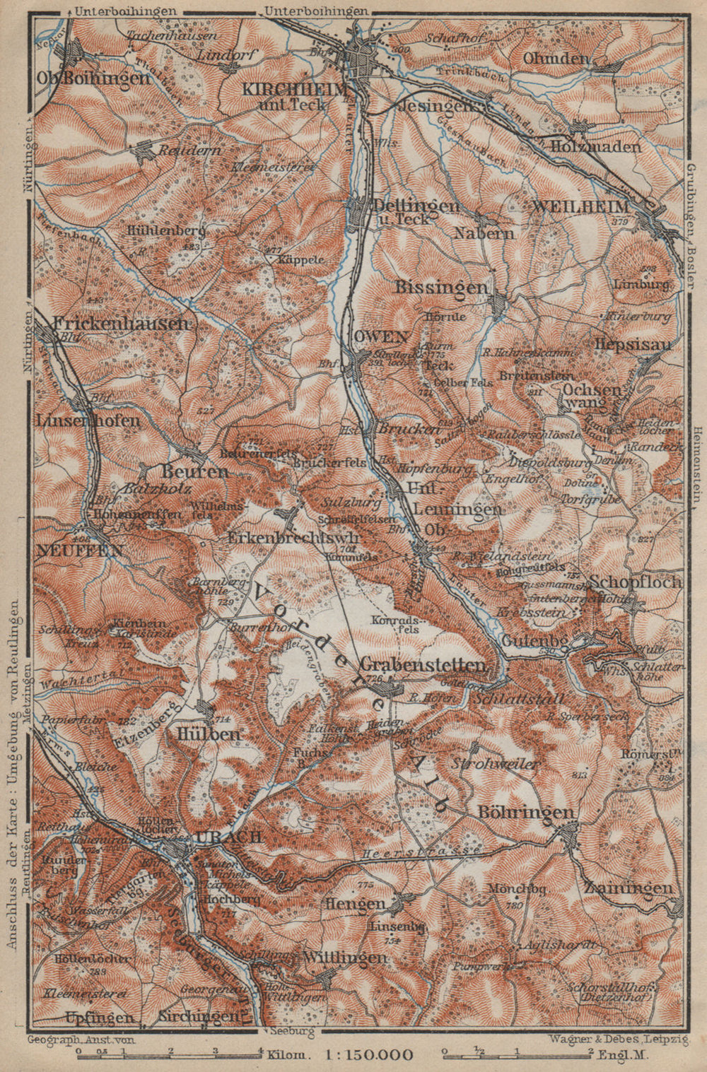 KIRCHHEIM UNTER TECK & umgebung. Lauter valley Bad Urach Weilheim Burg 1914 map