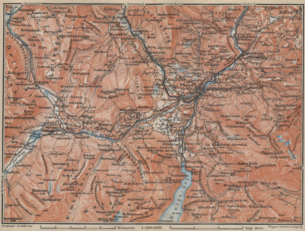 BERCHTESGADEN & environs/umgebung. Hallein Königsee. Deutschland karte 1914 map