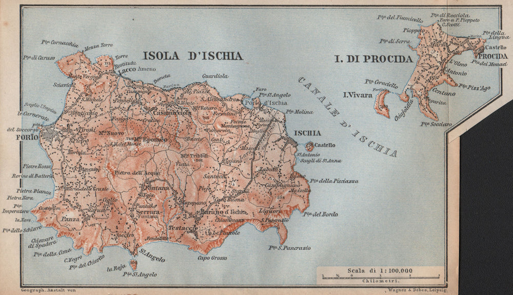 Isola d'ISCHIA & PROCIDA islands. Forio. Italy mappa. BAEDEKER 1896 old