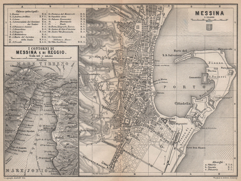 MESSINA town city plan piano urbanistico & environs. Italy mappa 1896 old