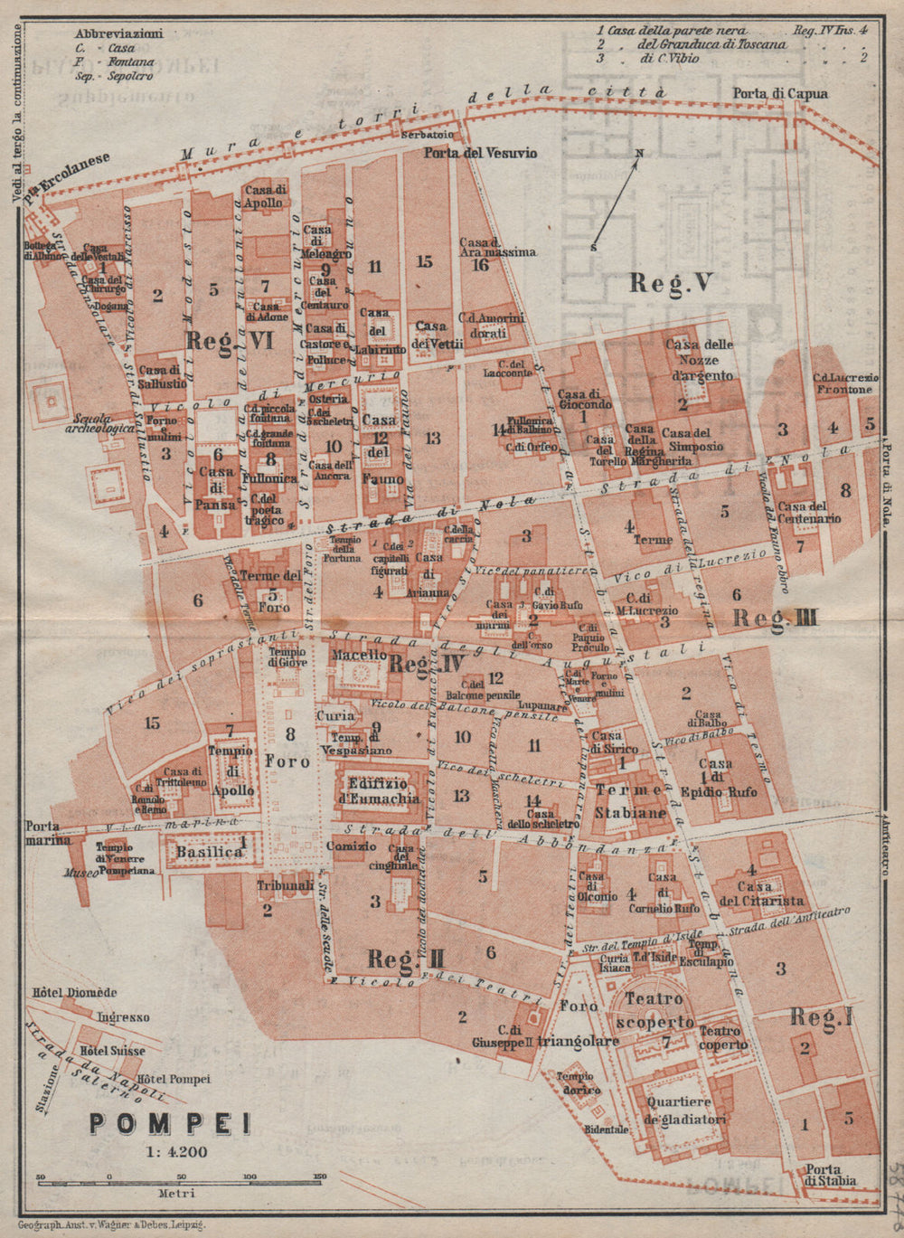 POMPEII antique town city plan piano urbanistico (1). Italy mappa 1912 old