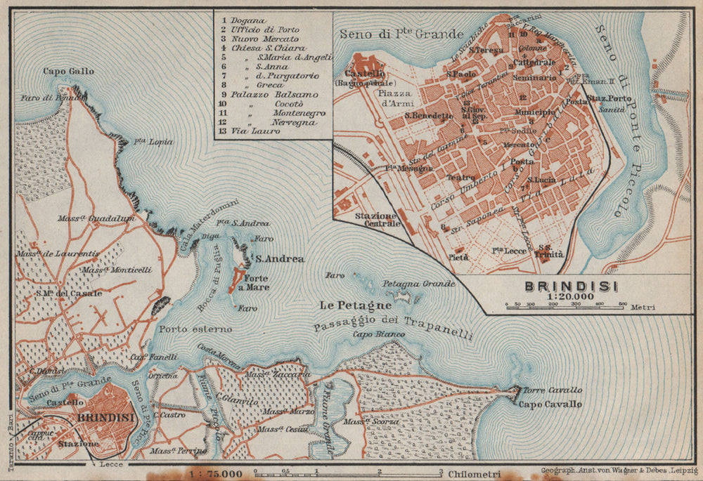 BRINDISI town city plan piano urbanistico & environs. Italy mappa 1912 old