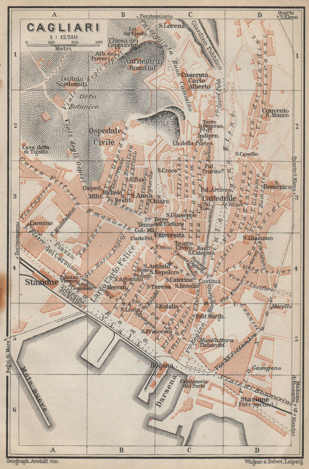 CAGLIARI antique town city plan piano urbanistico. Italy mappa 1912 old