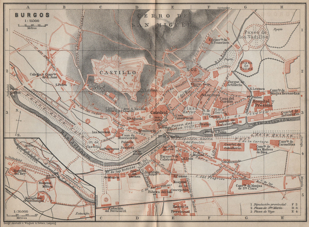 BURGOS antique town city ciudad plan. Spain España mapa. BAEDEKER 1913 old