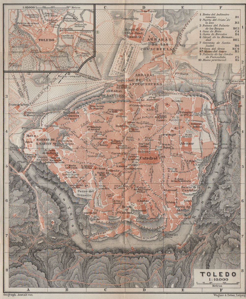 TOLEDO antique town city ciudad plan. Spain España mapa. BAEDEKER 1913 old
