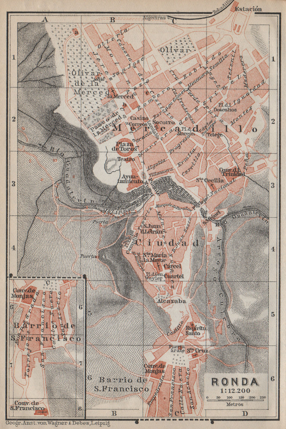 RONDA antique town city ciudad plan. Spain España mapa. BAEDEKER 1913 old