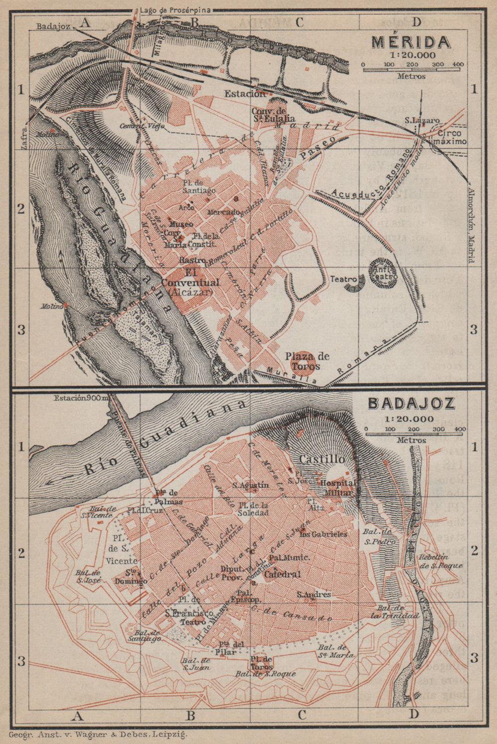 MERIDA MÉRIDA & BADAJOZ town city ciudad plan. Spain España mapa 1913 old