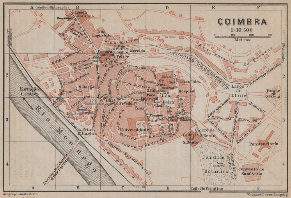 COIMBRA antique town city plano de la cidade. Portugal mapa. BAEDEKER 1913
