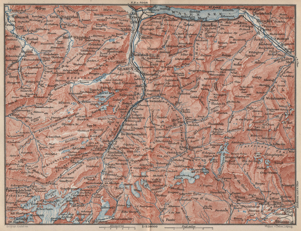 GLARUS CANTON. Flums Braunwald Flims Näfels Walen See Linththal 1889 old map
